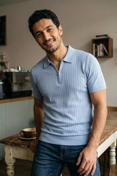 TOZLU Polo Collar Half Zipper Men's Knitwear T-Shirt