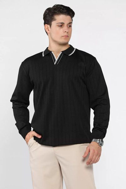 TOZLU Pulover tricotat pentru bărbați, cu guler polo și model cu dungi
