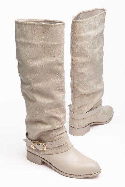 Hayalimdeki Ayakkabı Fusy Women's Beige Shiny Leather - Suede Drawstring Boots