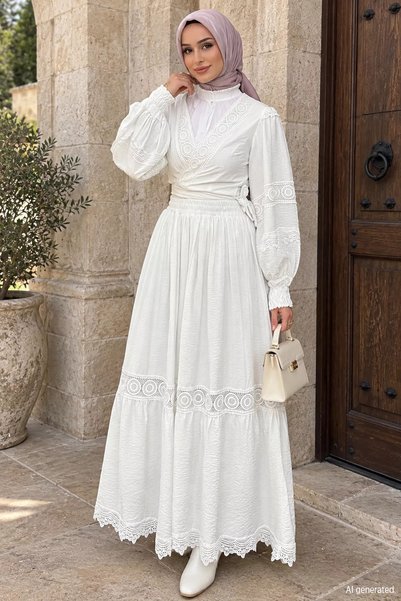TOZLU Set dublu Hijab cu fustă cămașă cu talie festonată și legături în talie...