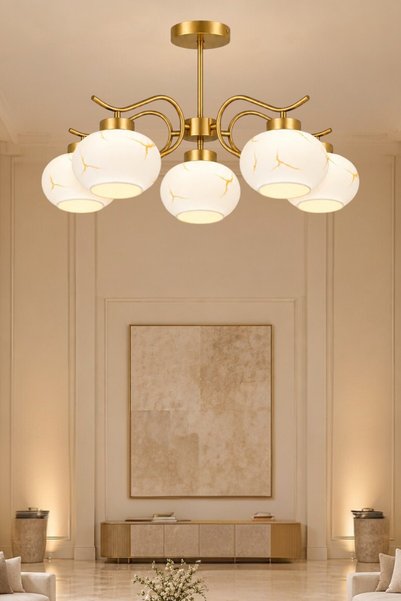 ESSLİGHT Bianca 5’li Eskitme Plafonyer Mermer Desen Camlı Avize Salon Mutfak ...