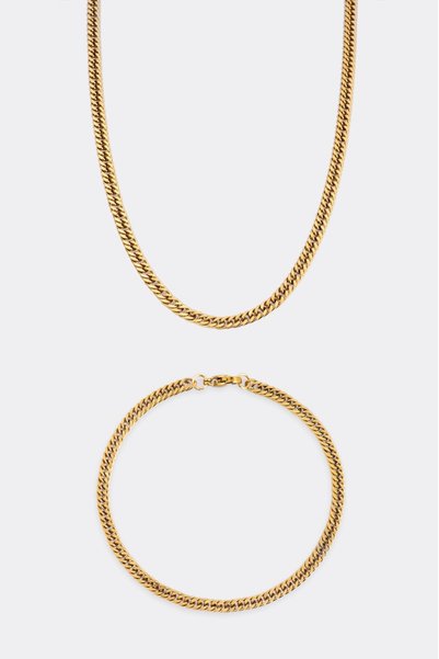 Crupt Studio 4mm Retro Gold Çelik Zincir Erkek Kolye Ve Bileklik Set KA1062AL