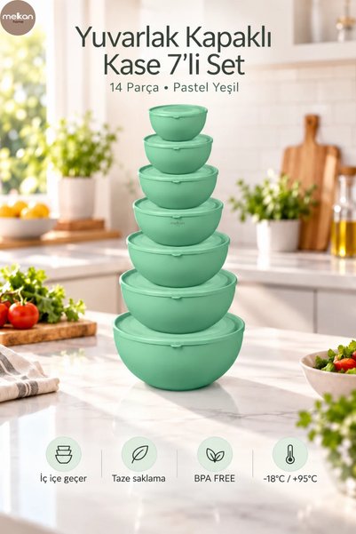 Melkan Home Round Bowl with Lid Set of 7 14 Pieces Pastel Green