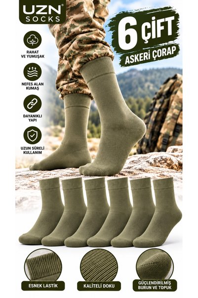 UZN SOCKS 6 Çift Erkek Asker Çorabı Pamuklu Uzun Konç Dayanıklı Nefes Alan Sp...