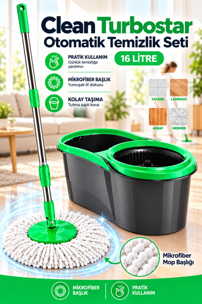 Waldern Clean Turbostar 16 Litre Otomatik Mop Temizlik Seti, Döner Başlıklı M...