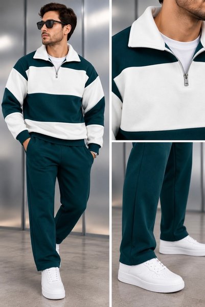 WENMİNG Men's 3-Ply Brushed Inside Corduroy Half-Zip Polo Collar Striped Stra...