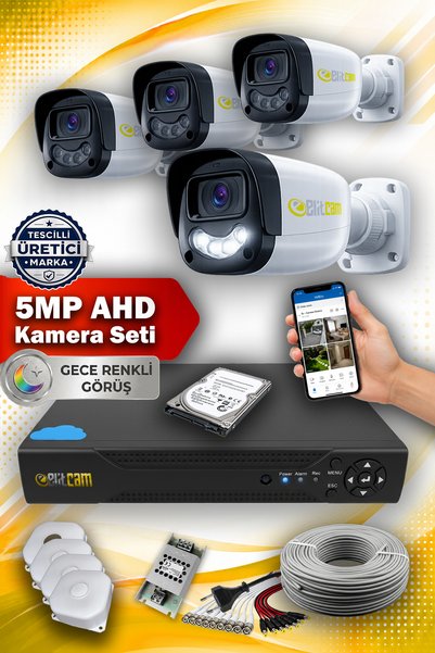 Elitcam 4 Kameralı Gülenyüz 4 Dış Kamera Set 320 GB 5 MP 2K Renkli Gece Görüşlü Güvenlik Kamerası Sistemi