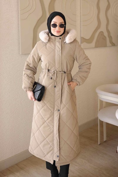 İmajButik معطف نوڤا طويل مبطن بغطاء رأس وسحاب من فرو المنك