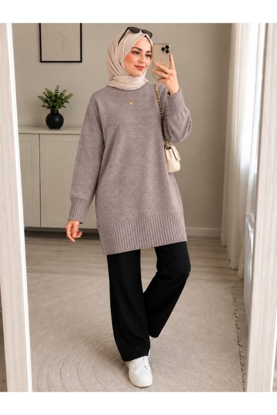 ModaAzen Vizon Bisiklet Yaka Oversize Kadın Triko Tunik