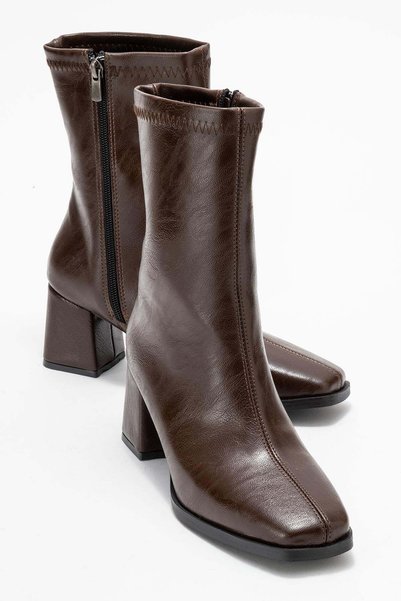 CCWAY AYAKKABI Plain Stitched Zippered Women's Heeled Boots Brown Skin