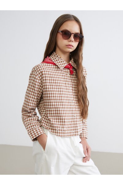 LC Waikiki Lcw Kids Brown Flannel Plaid Loose & Baggy Girls' Shirt with Nevav...