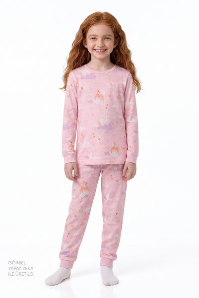 Penti Kız Çocuk Pembe Fly Repeat Pamuklu Uzun Kollu Pijama Takımı