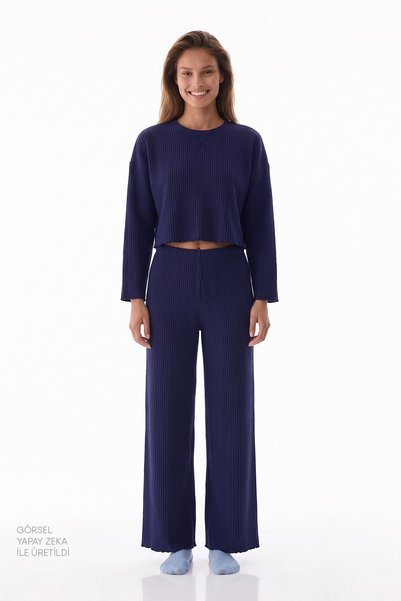 Penti Lacivert Navy Waffle Pantolon Uzun Kollu Pijama Takımı