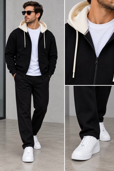 WENMİNG Men's 3-Ply Brushed Inside Hooded Sweatshirt and Straight Leg Sweatpa...