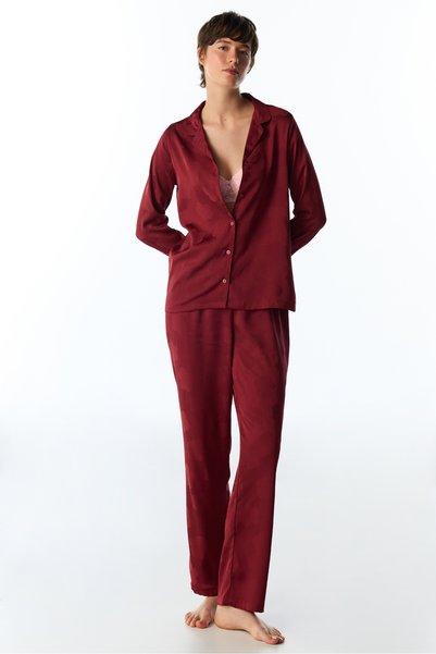 Penti Bordo Orquidea Saten Çiçekli Uzun Kollu Düğmeli Gömlek Pantolon Pijama ...