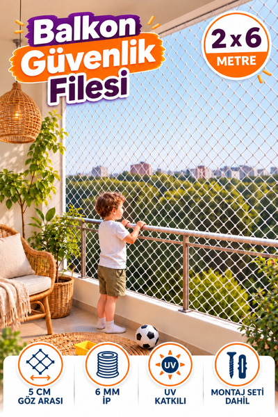 KONAK FİLE 2 METRE X 6 METRE Balkon Çocuk Güvenlik Filesi 6 MM Kalınlığında - 5X5 Koruma Merdiven İş Ağı