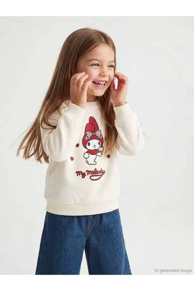 LC Waikiki Lcw Kids Ecru 3-Thread Printed Loose & Oversized Girls' Sweatshirt...