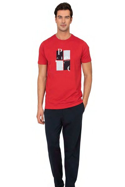 Pierre Cardin 6126 طقم بيجامة رجالي أحمر بأكمام قصيرة وياقة دائرية