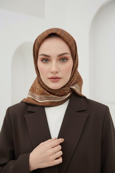 Vissona Twill Monogram Desenli Hardal Renkli 90x90 Eşarp (İpek İçermez) Kenar...