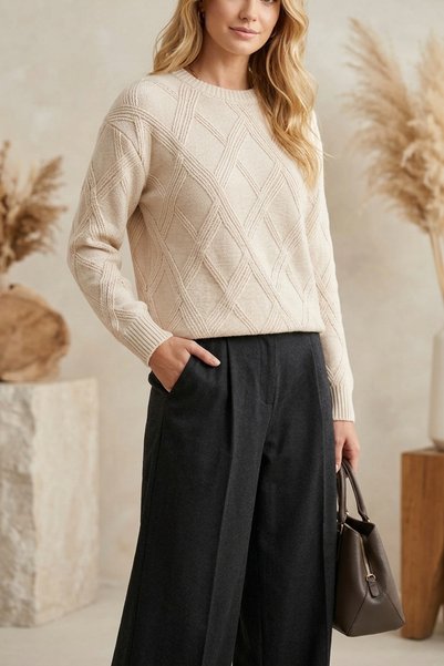 mefru Women's Basic Diamond Pattern Knitted Sweater