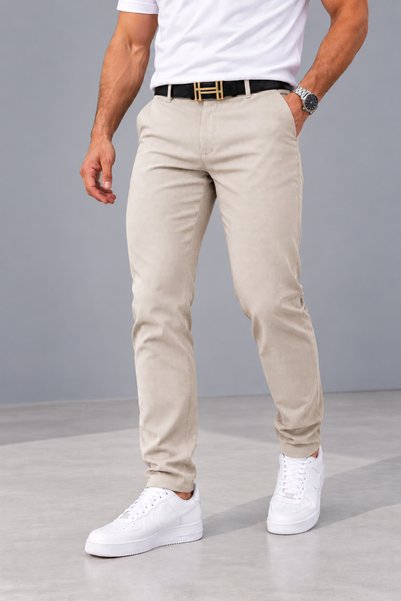 Gussi Erkek Bej Renk Kaliteli Esnek Likralı Slim Fit Keten Pantolon