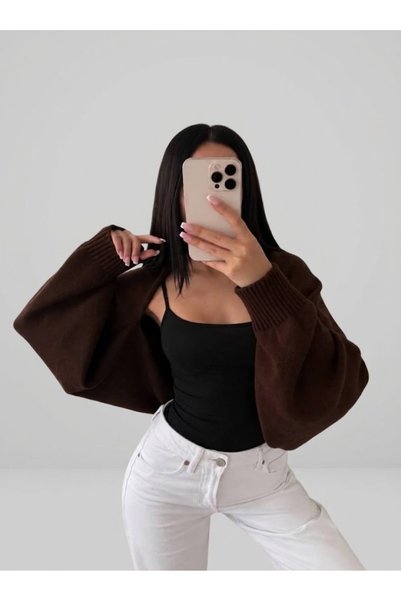 FLEX FASHION Cardigan scurt din tricot acrilic pentru femei, de culoare maro