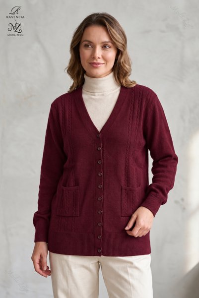 Ravencia Cardigan de damă, bordeaux, cu decolteu în V și nasturi, tricotat