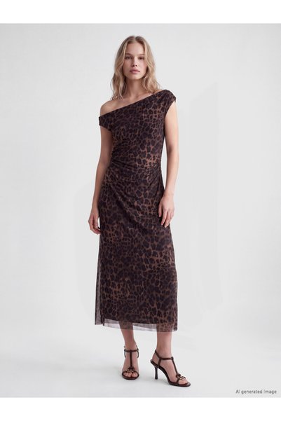 LC Waikiki Wide Roba Collar Leopard Embroidered Smocked Dress for Style Enthu...