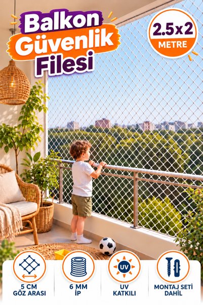 KONAK FİLE 2.5 METRE X 2 METRE Balkon Çocuk Güvenlik Filesi 6 MM Kalınlığında - 5X5 Koruma Merdiven İş Ağı