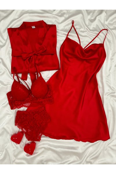 Lena Homewears Kadın Jasmin İç Çamaşırlı Saten Sabahlık Gecelik Takımı