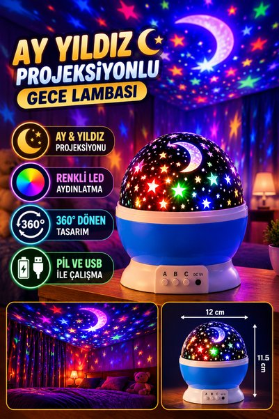 Hane Dostu 360° Dönen Ay Yıldız Projeksiyonlu LED Gece Lambası Renkli Gökyüzü...