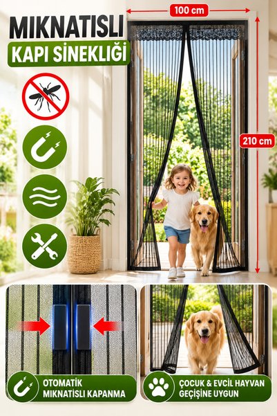 Hane Dostu 100x210 cm Otomatik Kapanan Mıknatıslı Kapı Sinekliği Siyah Manyet...