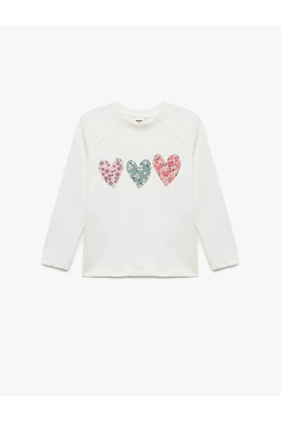 Koton Heart Print Long Sleeve Crew Neck Cotton T-Shirt