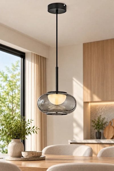 Elvora Home Modern (PREMİUM) Tekli Füme Cam 3 Renkli LEDli Sarkıt Avizesi Sal...