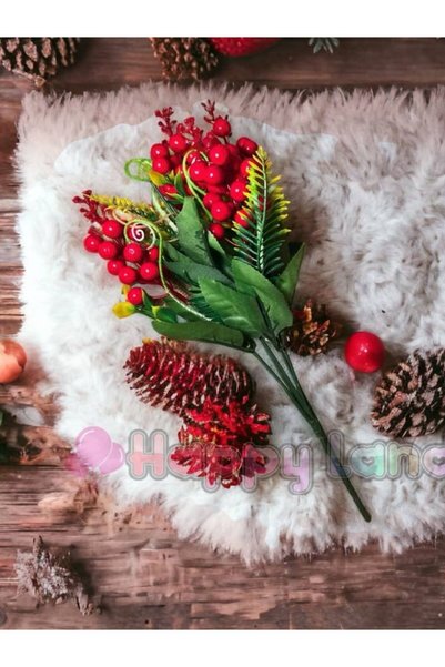 Happyland New Year's Decoration: Kokina Berry Cherry Branch with Shoots, Bouq...