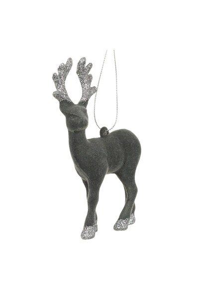DD SHOP Ornament Brad de Craciun Cerb Catifelat cu Glitter Gri 13cm - Ornamen...