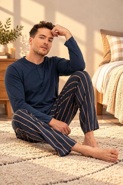 Arnetta Men's 100% Cotton Buttoned Collar Striped Long Sleeve Pajama Set