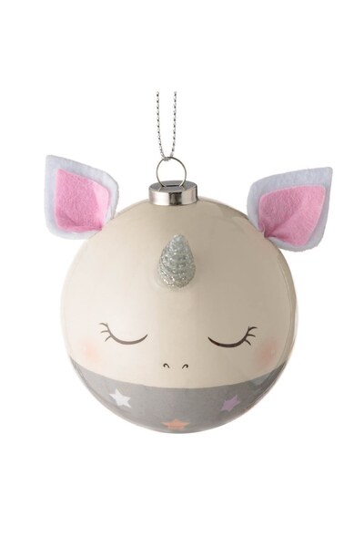 DD SHOP Glob brad Craciun cu unicorn 3D, gri roz, diametru 6,5 cm, ornament d...