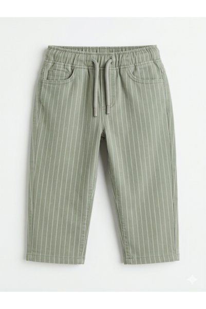 TAYO BABY Boys' Striped Khaki Linen Trousers with Elastic Waist