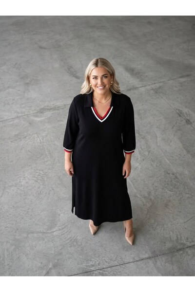 Koza Butik Women's Plus Size V-Neck Long Sleeve Slit Detailed Dress 5479-27