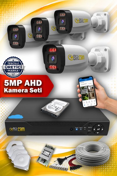 Elitcam 4 Kameralı Elit 4 Dış Kamera Set 500 GB 5 MP 2K Net Gece Görüşlü Güvenlik Kamerası Sistemi