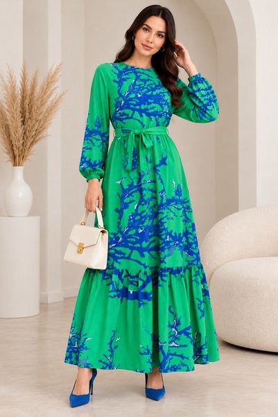 CNR TEKSTİL Dal Patterned Pleated Dress