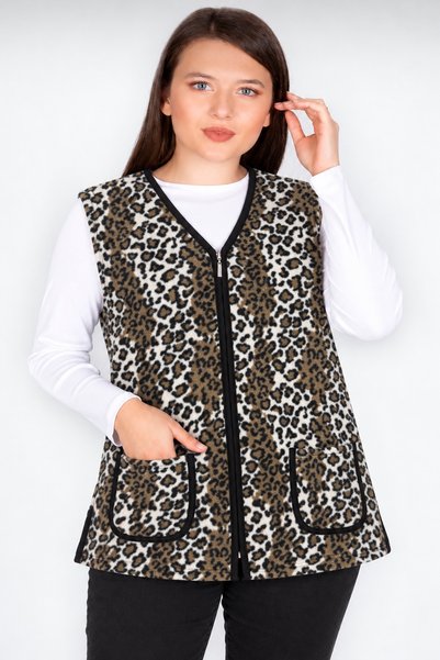Kardelen Butik Ümraniye Kahverengi Leopar Desenli Büyük Beden Polar Yelek