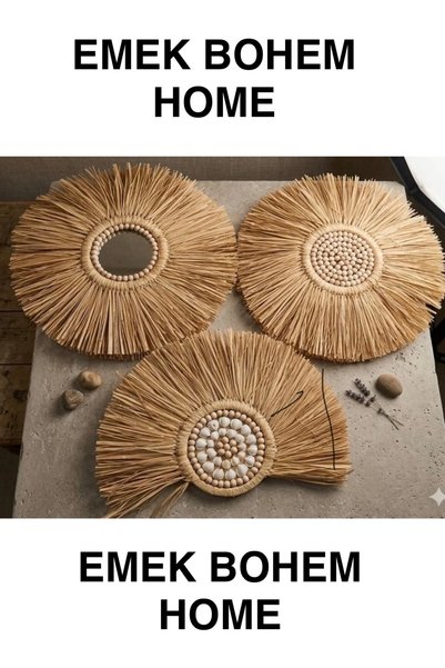 Hasirdukkanii EMEK HOME Rafya 3 Lü Ayna Seti Yelpaze Duvar Süsü Boncuk Ayna H...
