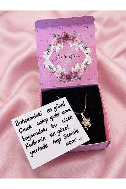 Pembe çiçekli gold kolye sevgiliye hediye özel kutulu