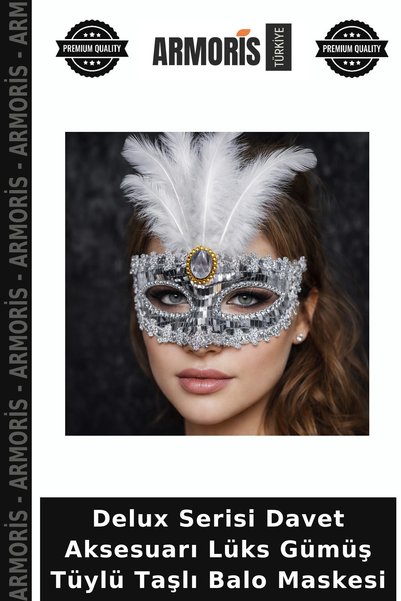 Armoris Deluxe Series Party Accessory: Luxurious Silver-Feathered, Stone-Embe...