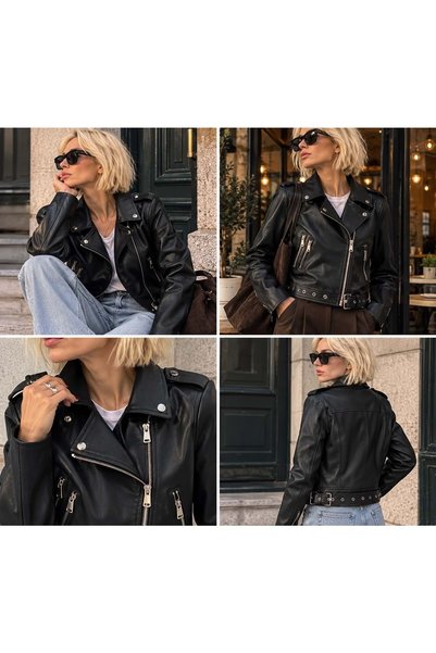 ibeeka Women's clothing - designer faux leather jacket - silver button - zipp...