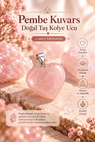 NBS Beautiful Naturel Stones Pembe Kuvars Kalp Gerçek Doğal Taş Kolye Ucu ( 1...
