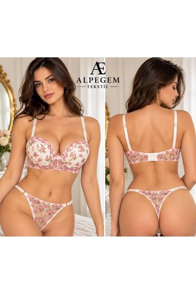 Alpegem Tekstil ALPEGEM Beyaz pembe çiçek detaylı destekli brode sütyen takım...