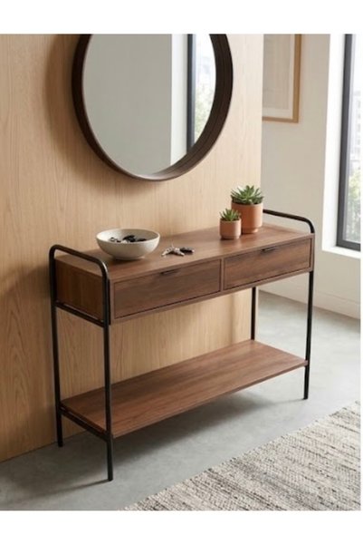 IN HOME STORE طاولة كونسول خشبية عصرية بإطار معدني أسود ودرجين